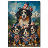 Patriotic Bernese Mountain Dog Mother and Two Puppies Dressed in Stars and Stripes Hats and Bows with American Flag on Ready to Hang 1.5" Thick Canvas Wrap, Floating Framed Canvas, Flat Rolled Canvas